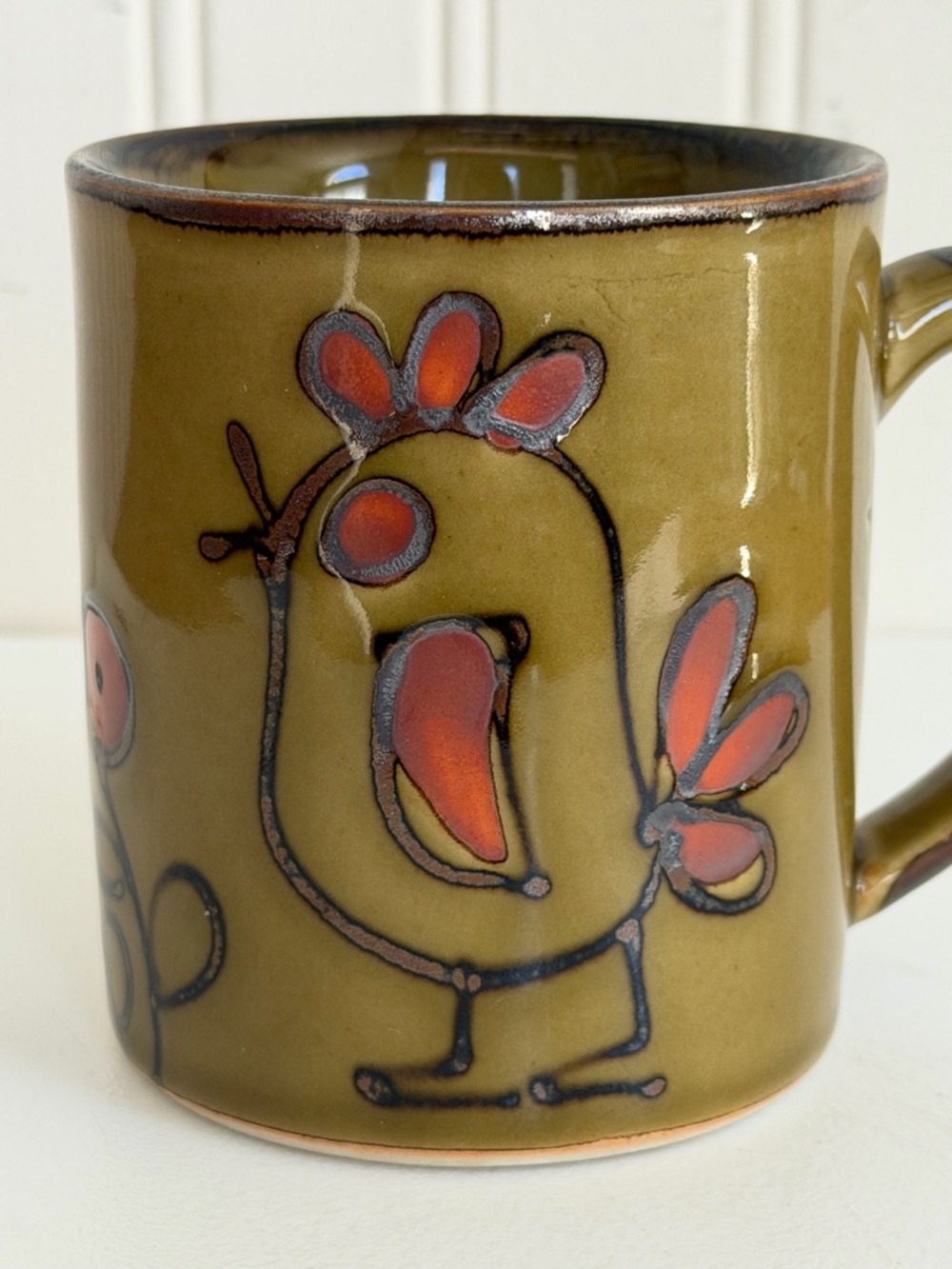 Vintage Stoneware Otagiri Style Chicken Floral Coffee Mug Cup Avocado Green